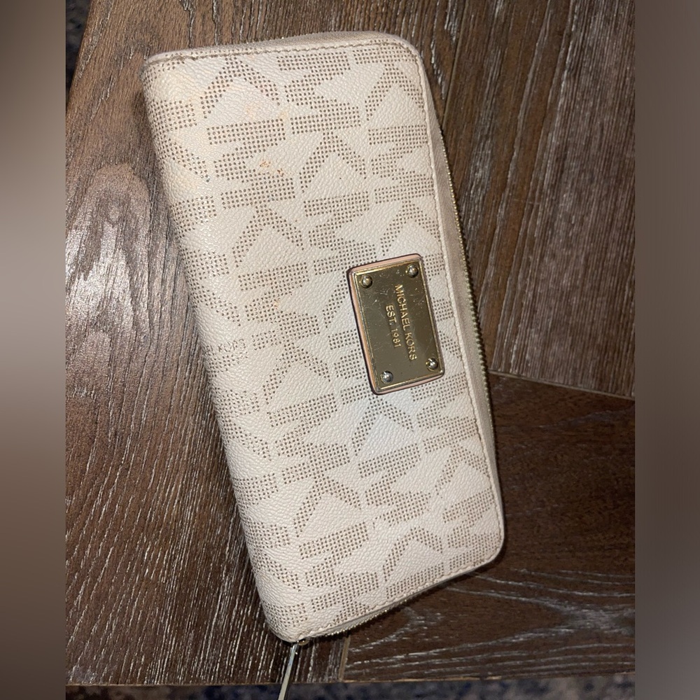 MK wallet in brown and cream